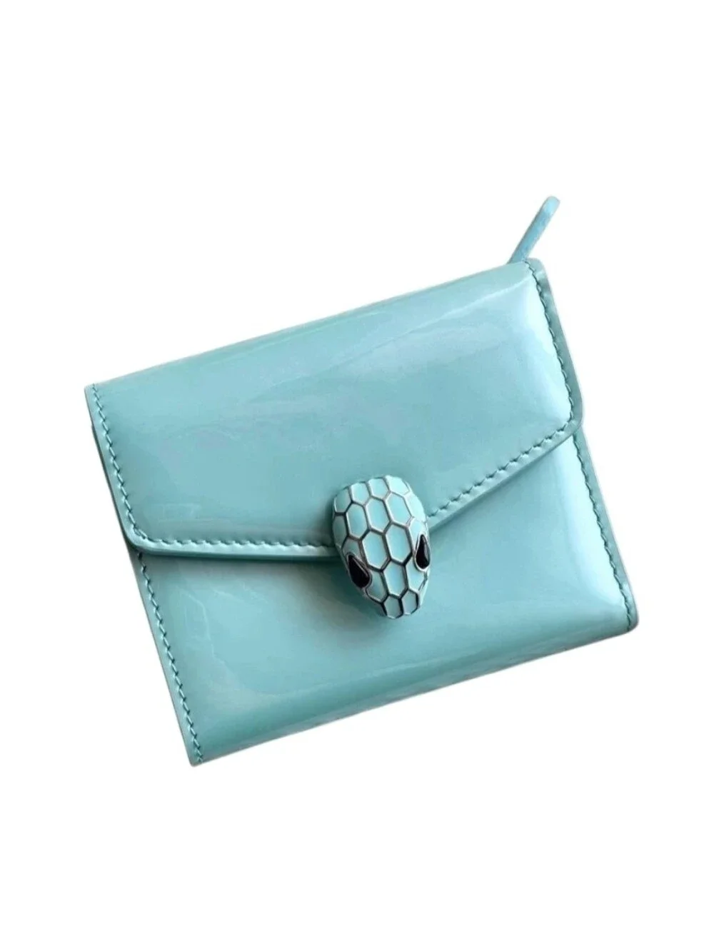 Bvlgari Serpenti Forever Trifold Wallet In Blue Aquamarine And Patwnt Leather.